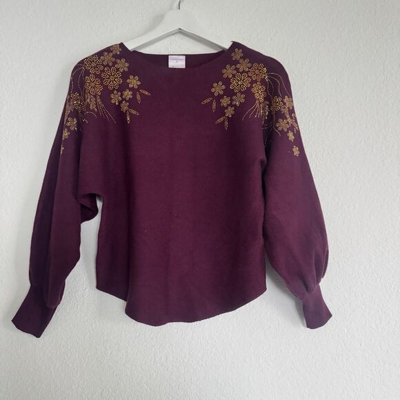Tops - Luna Dolman Sleeve Embellished Pullover Sweater Studded Purple Rounded Hem Sz S